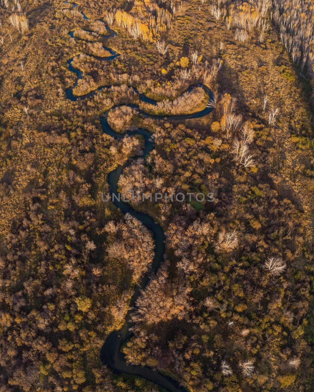 Aerial drone view of autumn landscape with river.