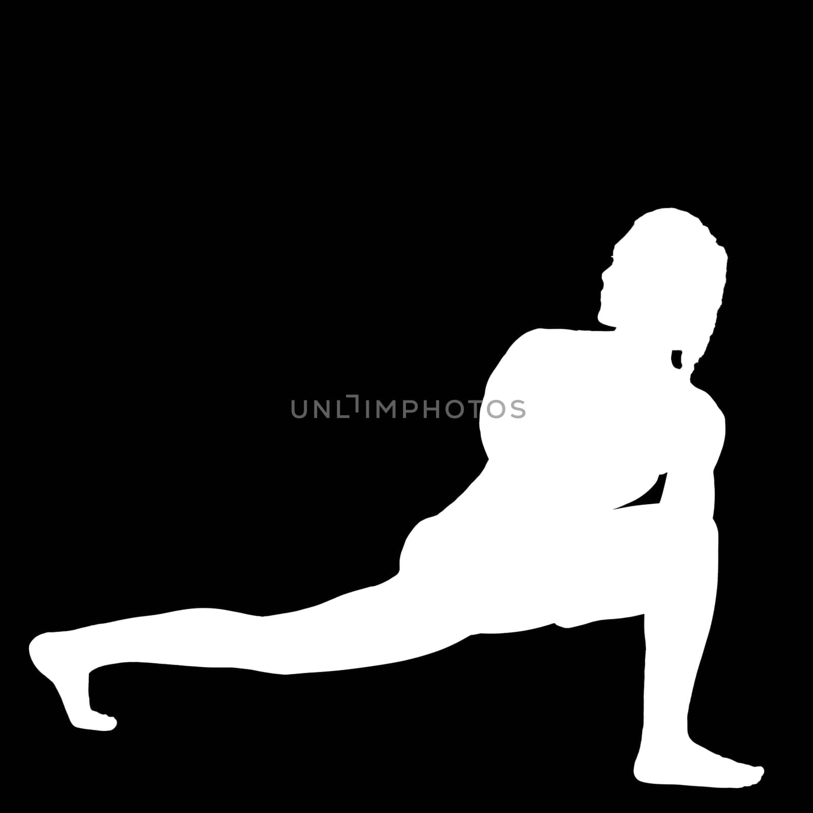 Negative silhouette of a female person performing the yoga exercise Spinning Hero Virabhadrasana in a variation.