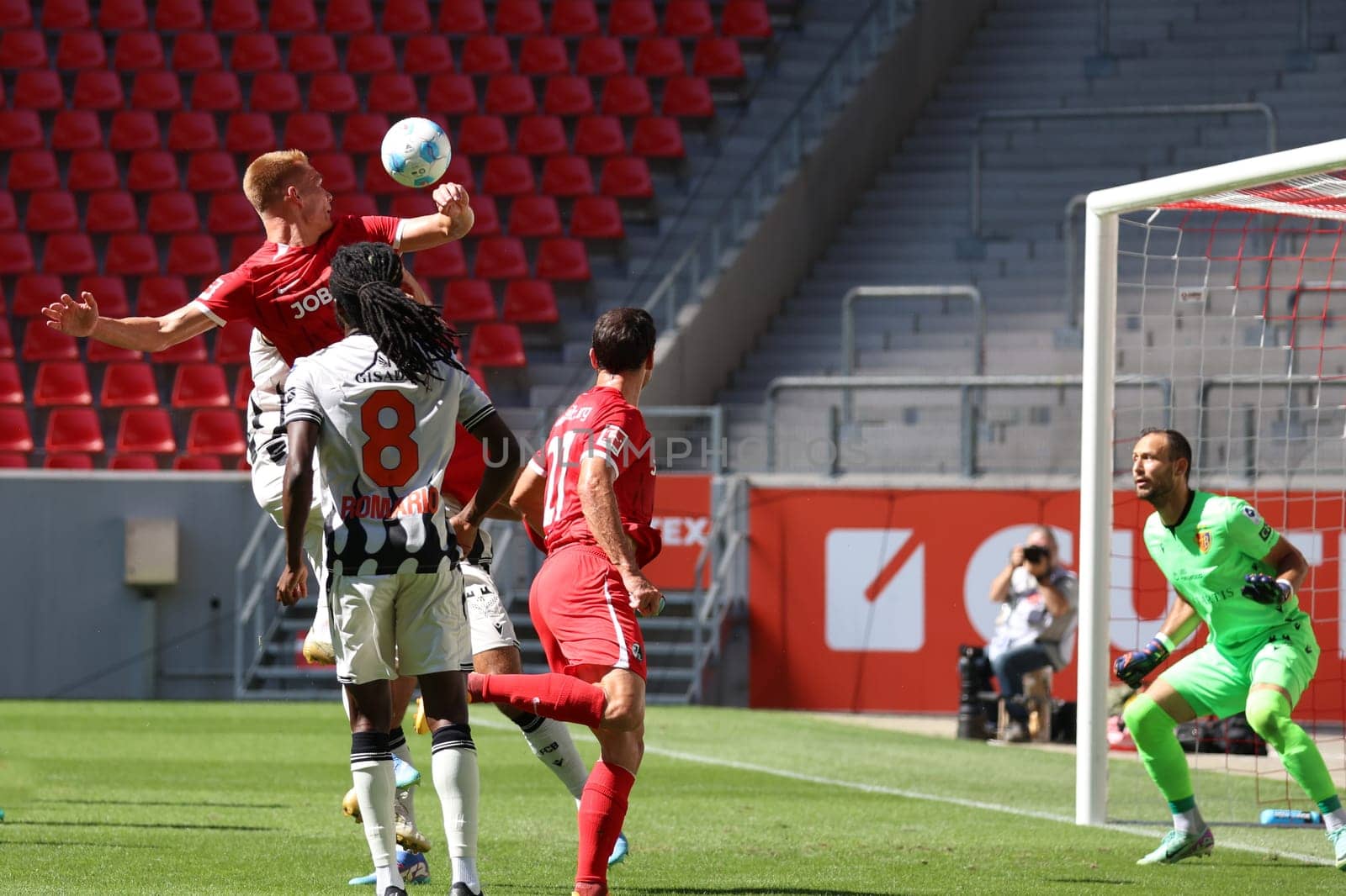 Philipp Lienhart (SC Freiburg) wins the header duel,Marco Wörner (SC Freiburg) scores in the background to make it 3-0  at the football test match: SC Freiburg - FC Basel  REGULATIONS PROHIBIT ANY USE OF PHOTOGRAPHS AS IMAGE SEQUENCES AND/OR QUASI-VIDEONann  Photo: Joachim Hahne/johapress