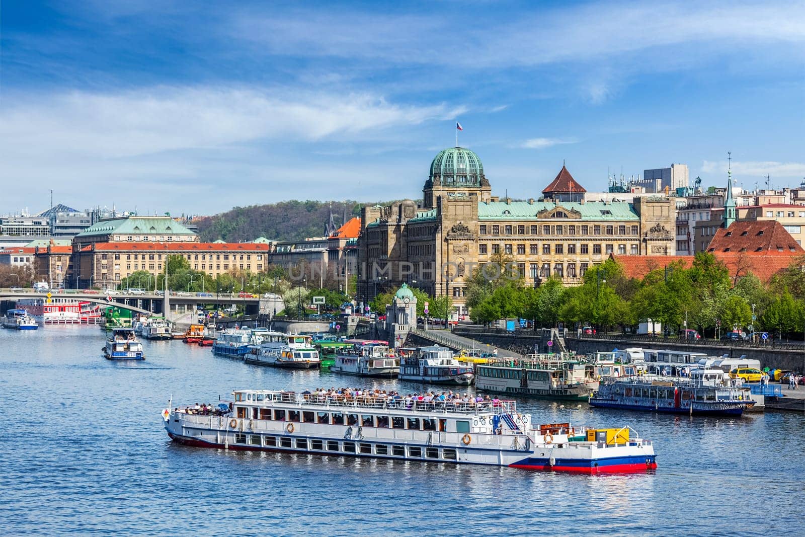 Tourist boats on Vltava river in Prague, Czech Republic