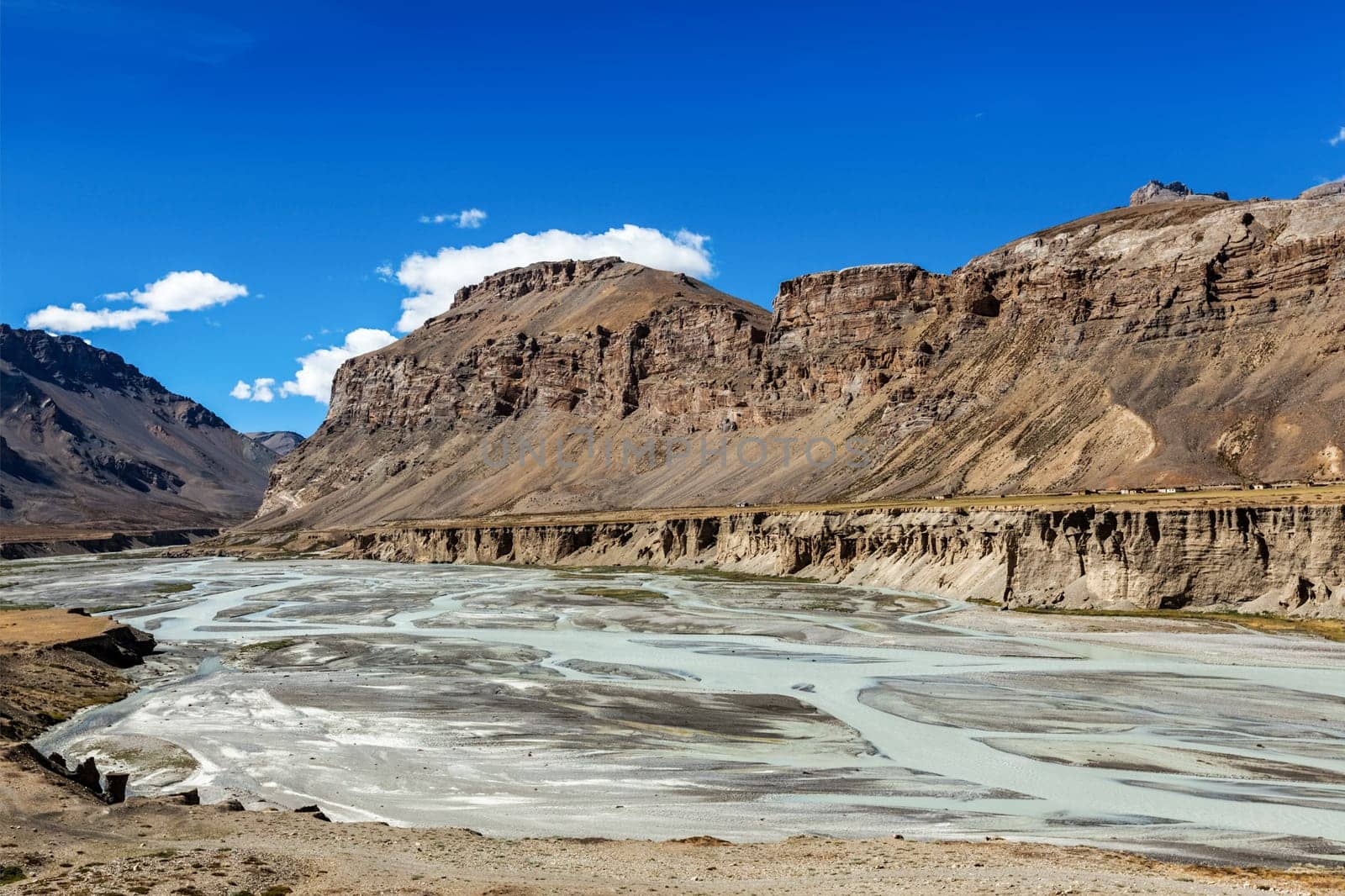 Himalayan landscape in Himalayas along Manali-Leh road with river. Himachal Pradesh, India