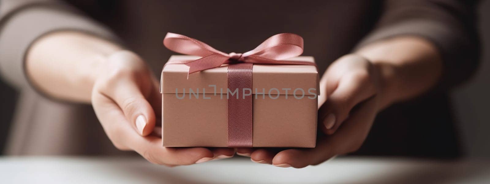 Female hands with beautiful present box holiday background. Unrecognizable caucasian woman holding gift box with bow. Birthday, Valentine day, Mother day, Christmas banner. AI Generative content