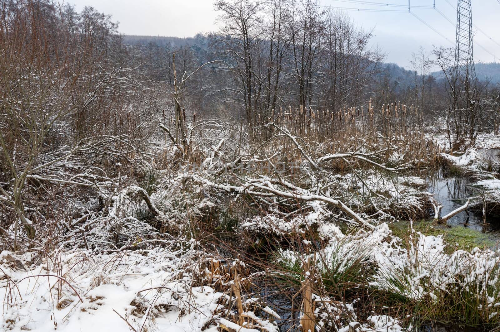 Winter landscape with a small river, snow  and power pole