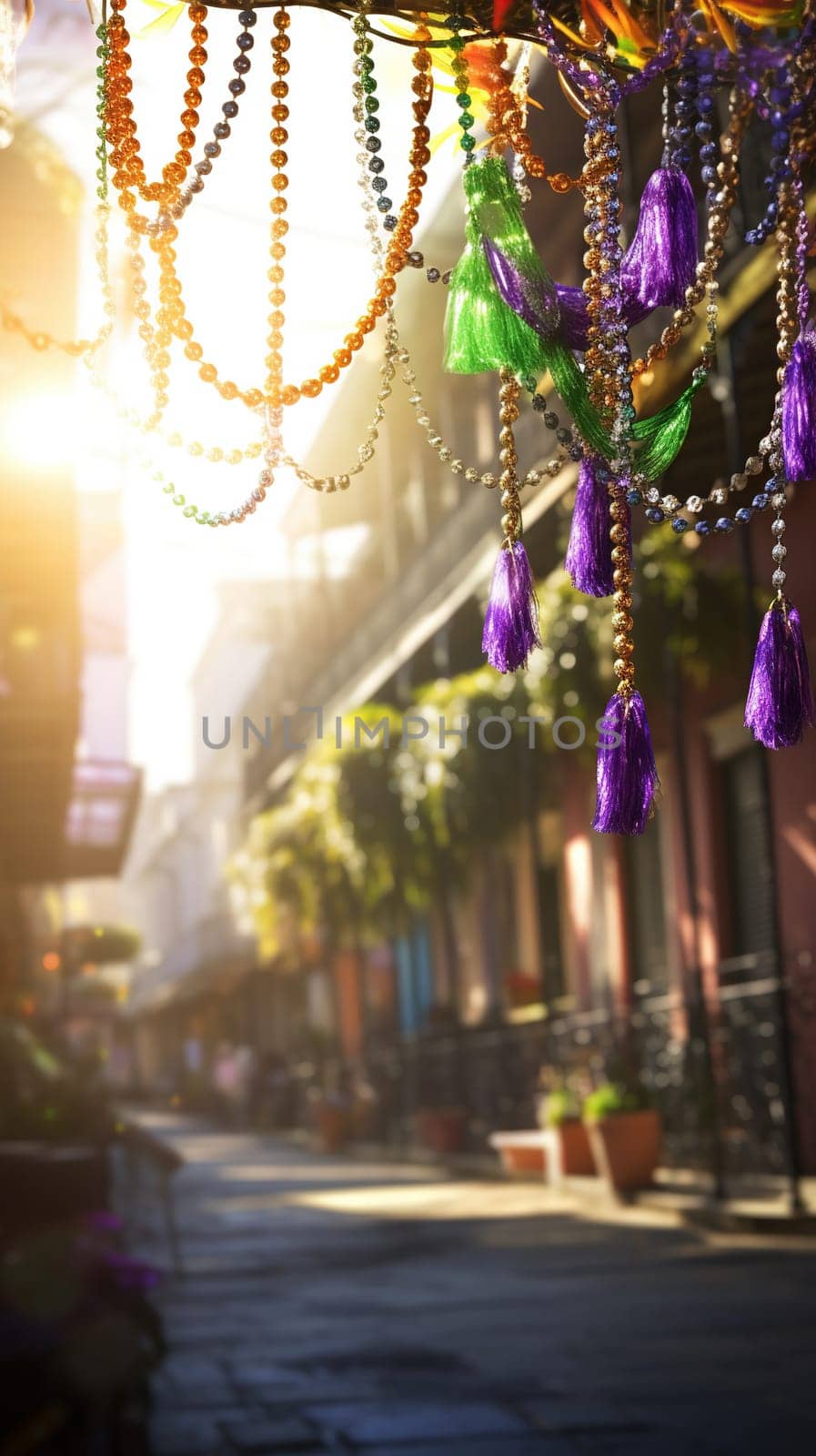 Confetti and Mardi Gras carnival decorations city street festival background. AI Generated content
