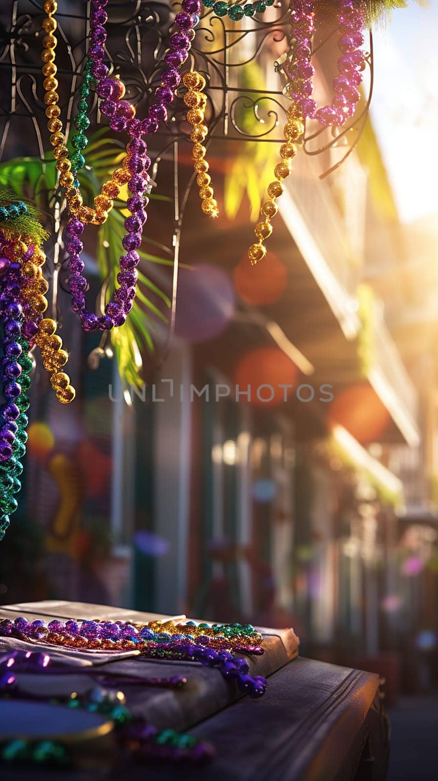 Confetti and Mardi Gras carnival decorations city street festival background. AI Generated content