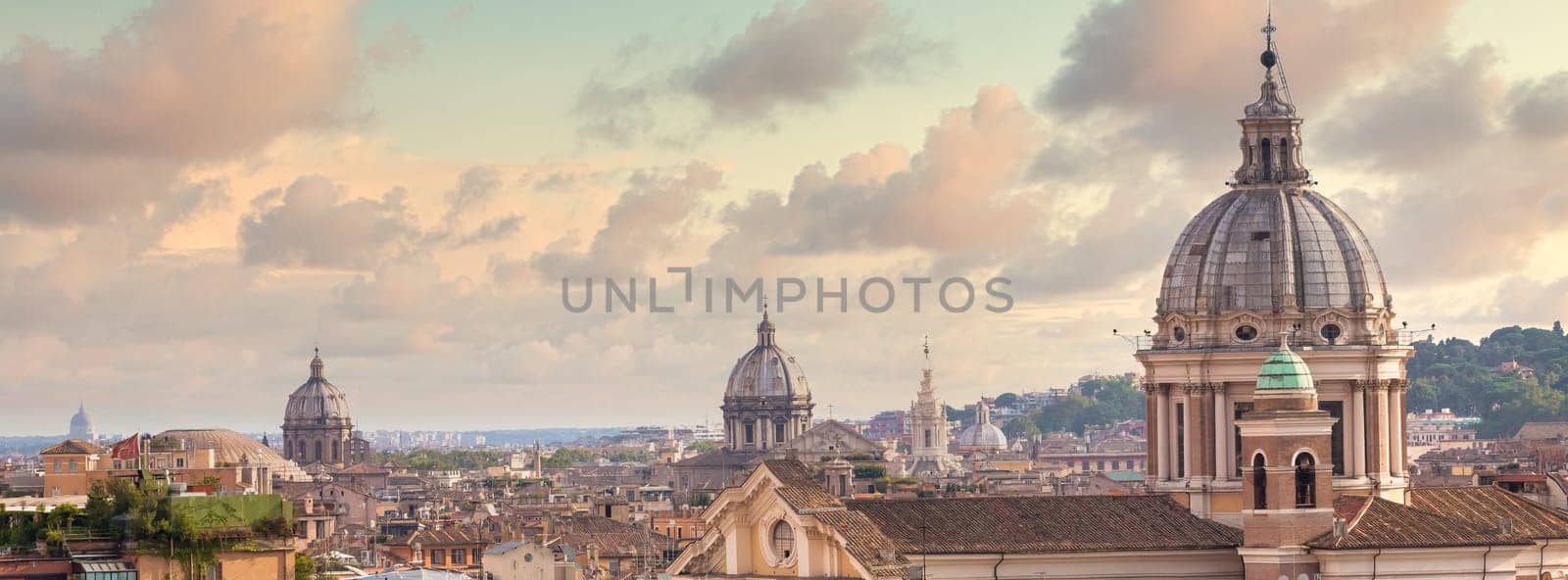Rome, Italy. Urban landscape, blue sky with clouds, church exterior architecture.