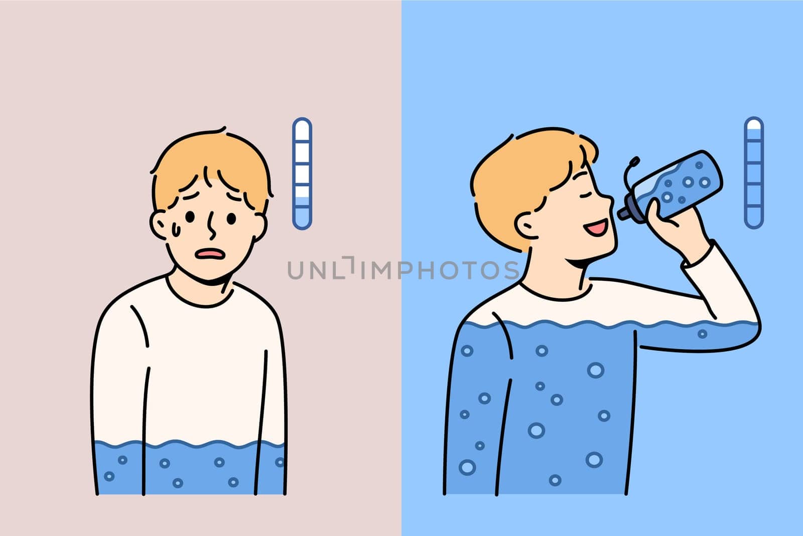 Exhausted boy drinks water from bottle, gaining energy and quenching thirst with mineral drink. Child suffering from lack of water feels relief when receives enough fluid to restore balance.
