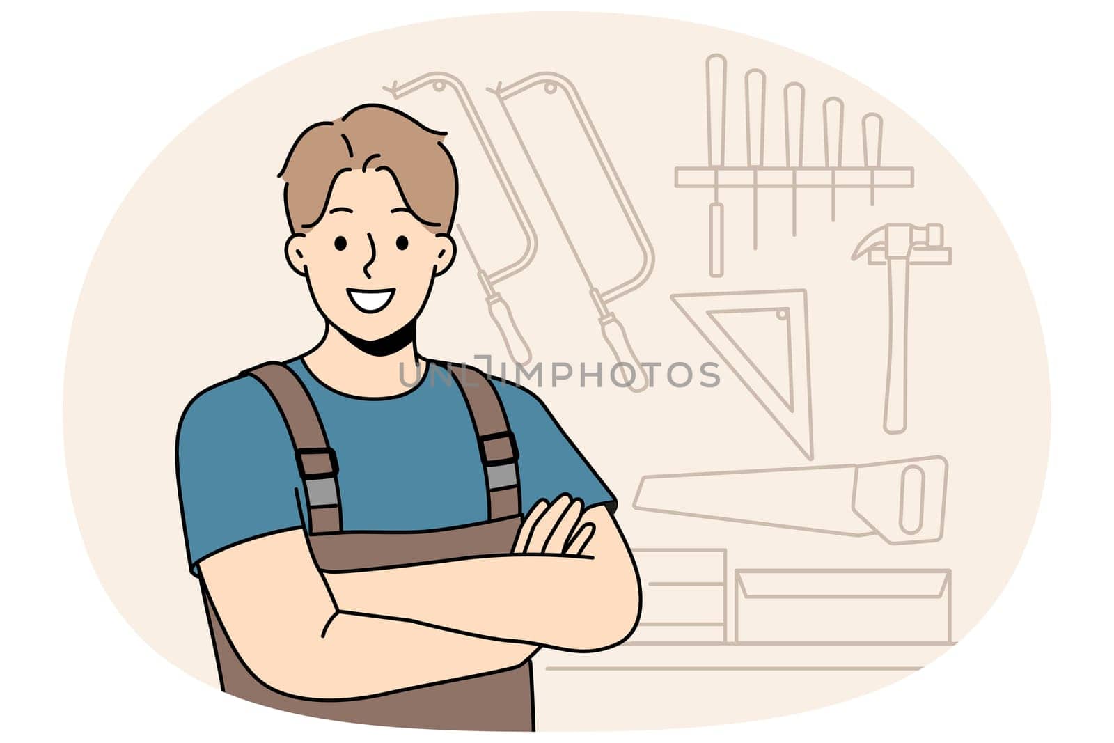 Smiling male carpenter in unform and glasses in workshop. Happy craftsman posing in woodwork workroom. Vector illustration.