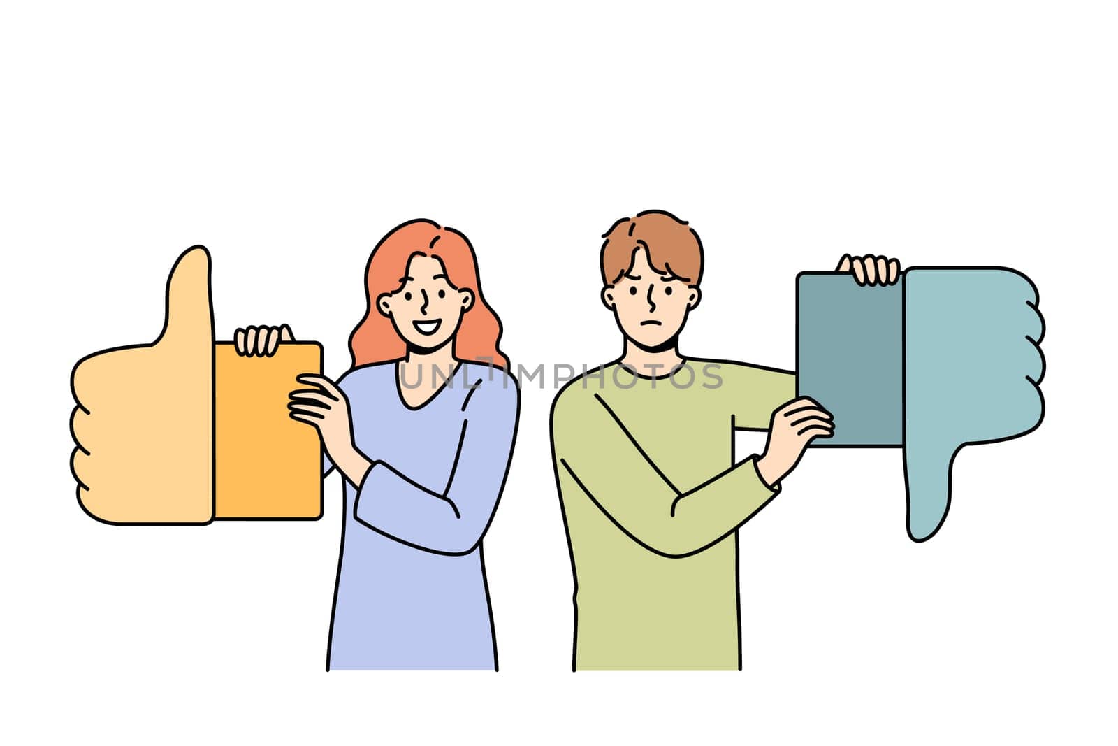 Different feedback from men and women symbolizes difference in user experience by showing thumbs up or down. Positive and negative feedback from people sharing opinions after visiting store