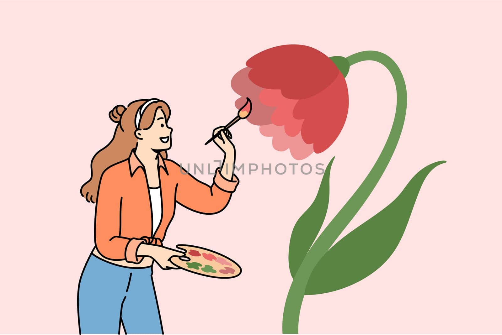 Woman artist paints flower on wall to decorate interior, uses wooden palette and brush. Positive girl artist enjoys drawing and opportunity to develop creativity and professional skills