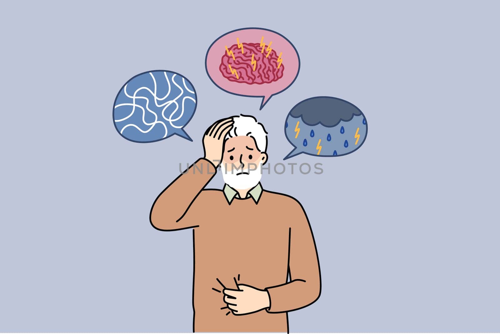 Dementia and alzheimer disease in elderly man experiencing brain confusion and pain in head. Old grandfather needs doctor help due to symptoms of dementia and sensitivity to weather.