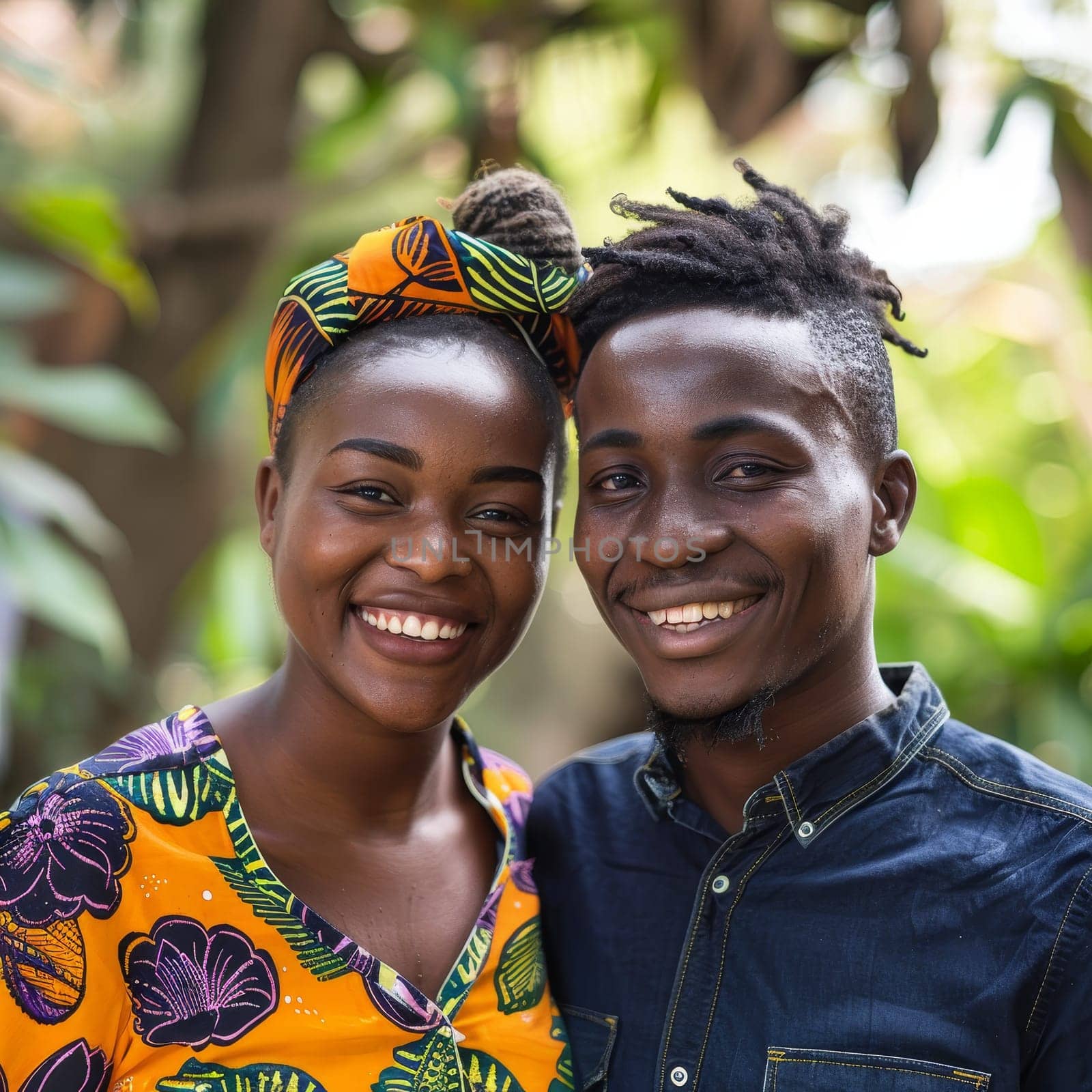 Nestled in a tropical setting, a Nigerian couple in traditional African attire exudes warmth and unity. Their matching headwear and radiant smiles celebrate their cultural heritage