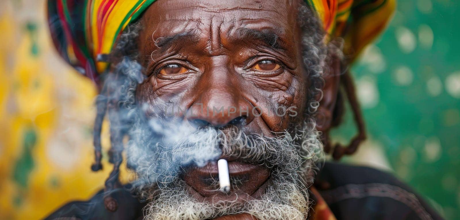 A Rastafarian elder's face tells a thousand stories, smoke swirling around him in a colorful tapestry of life lived fully