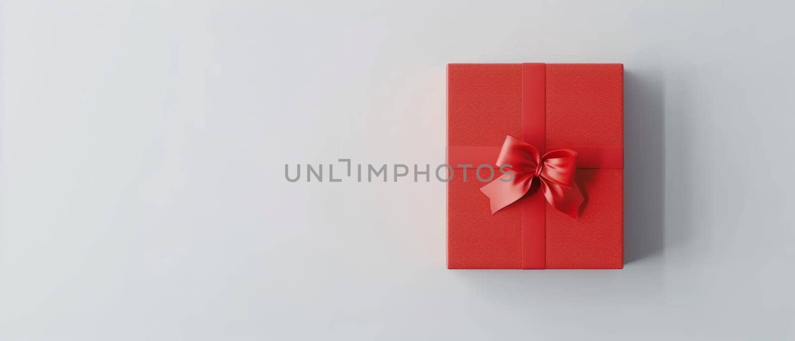 A vibrant red gift box with a satin ribbon lies on a textured white surface, evoking feelings of anticipation and celebration