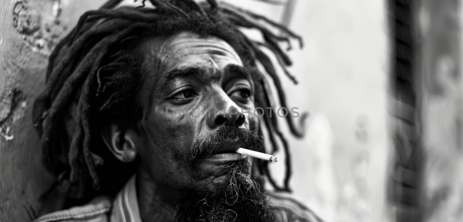 The sharp gaze of a rastafarian man with a smoking cigar is captured in a moment of reflection, his dreadlocks framing a face marked by stories untold