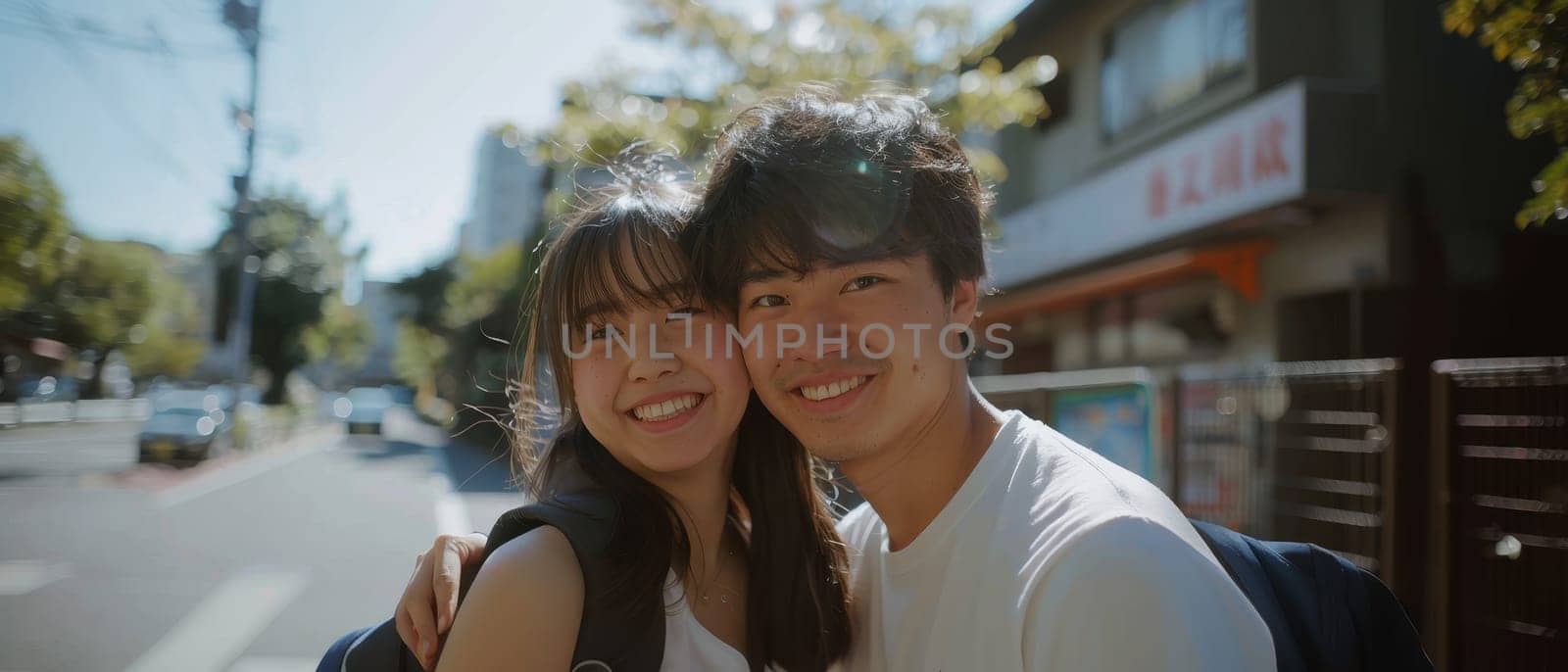 In the warmth of the sun, a Japanese couple smiles brightly, wrapped in each other's arms. The soft sunlight enhances the affectionate atmosphere surrounding them