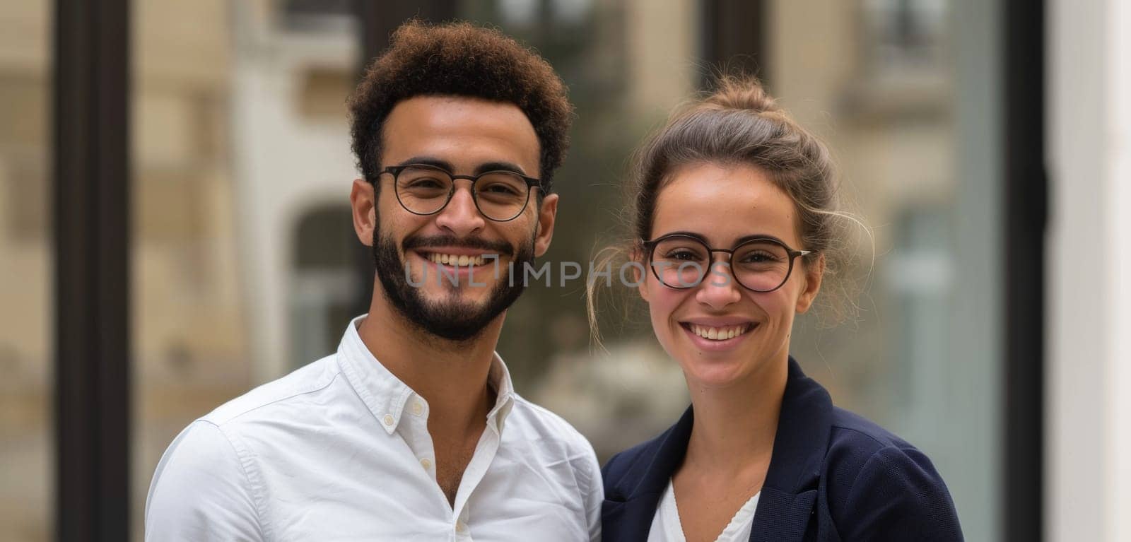 A professionally dressed French couple poses confidently in an urban environment, exuding elegance and partnership