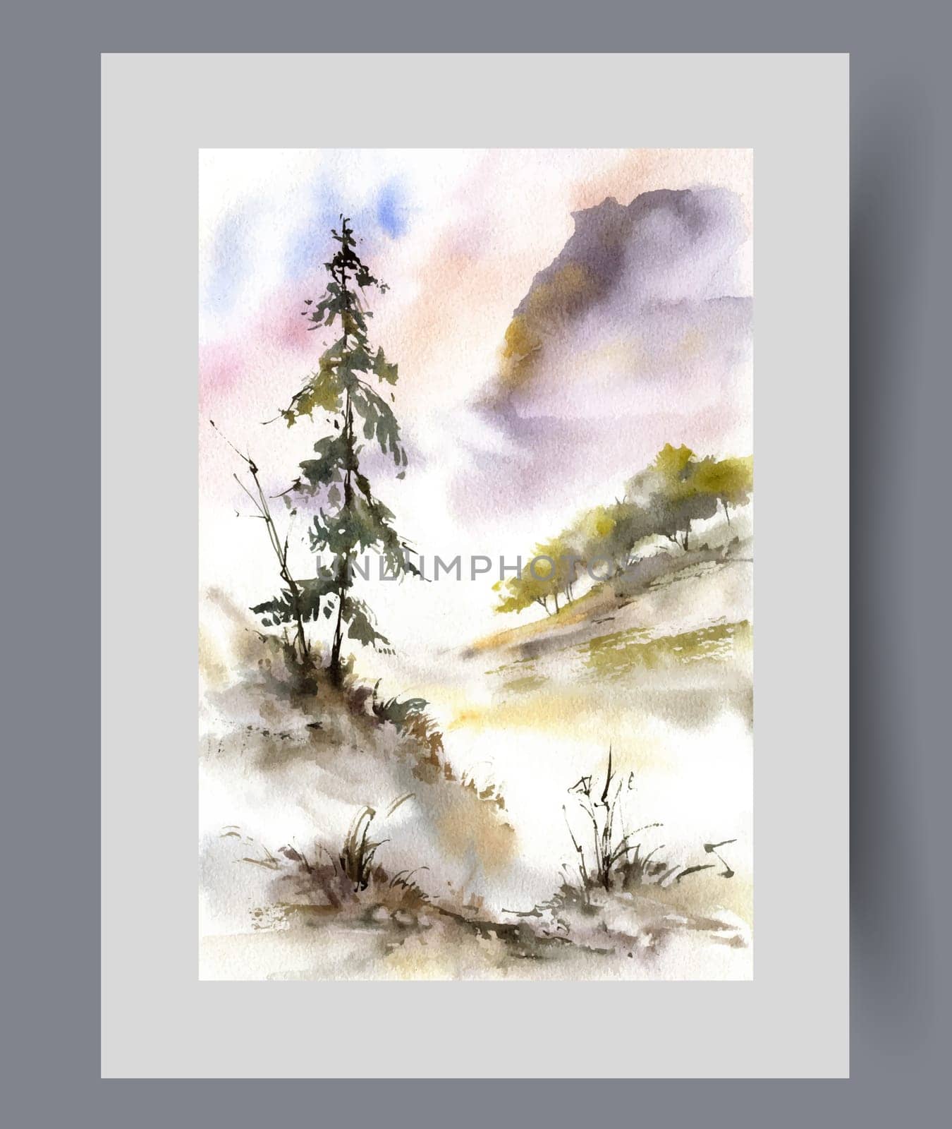 Environmental poster with wildlife and stunted coniferous tree growing on mountainside. Beautiful nature with environmental clean deserted area and various trees on banks of stream