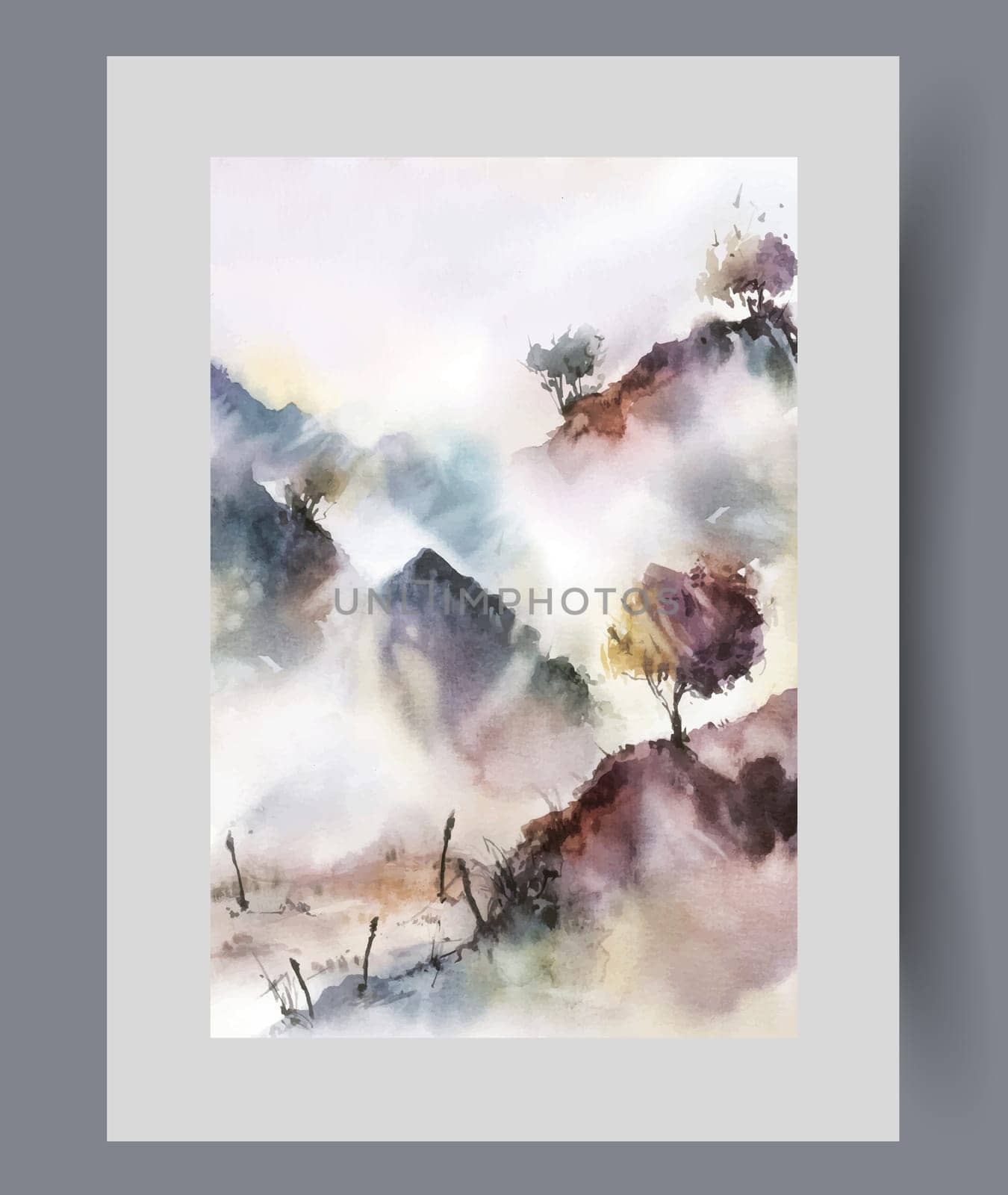 Mountainous area with sparse trees and fog caused by sharp cooling in region and climate change. Watercolor artwork with mountainous landscape over rocks in wild park for lovers of extreme hikes