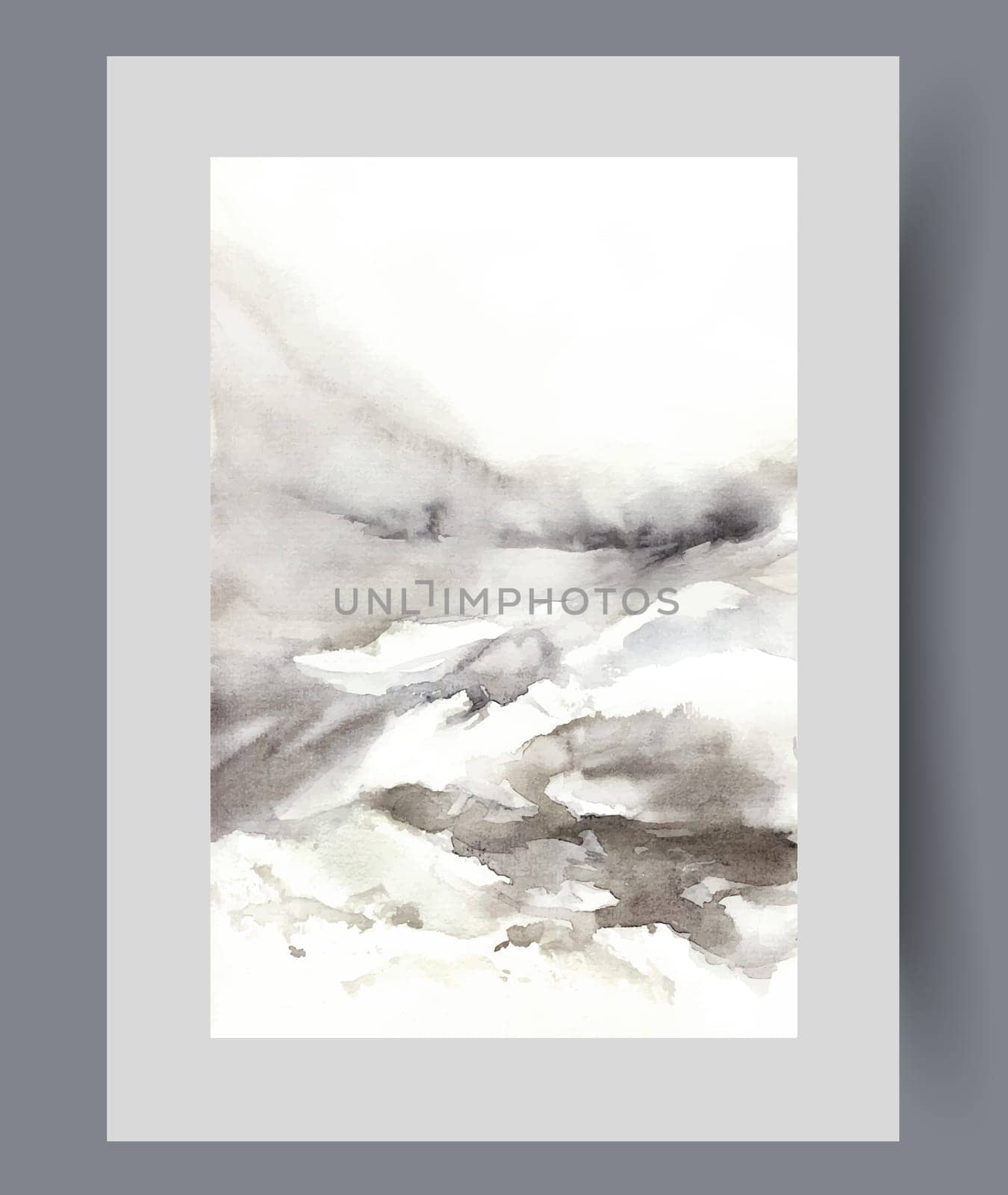 Winter landscape with mountains covered with snow in northern region, with cold snowy climate. Minimalist poster with winter nature of alps or Alaska, to decorate walls of house or apartment