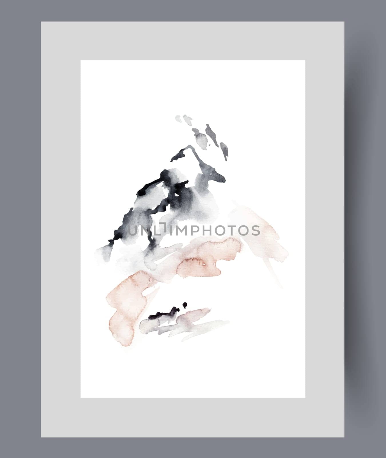 Minimalistic mountain landscape with single rock peak, in watercolor vertical painting. Artworks with winter rock, for interior design of hotel at ski resort for athletes and tourists