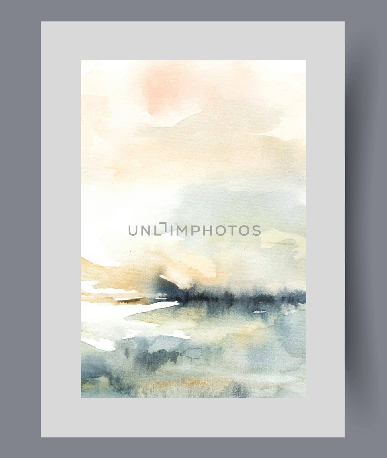 Morning landscape with sunny sky over quiet serene lake on territory of natural park. Watercolor poster with beautiful landscape painted in pastel colors, for interior design of travel agency