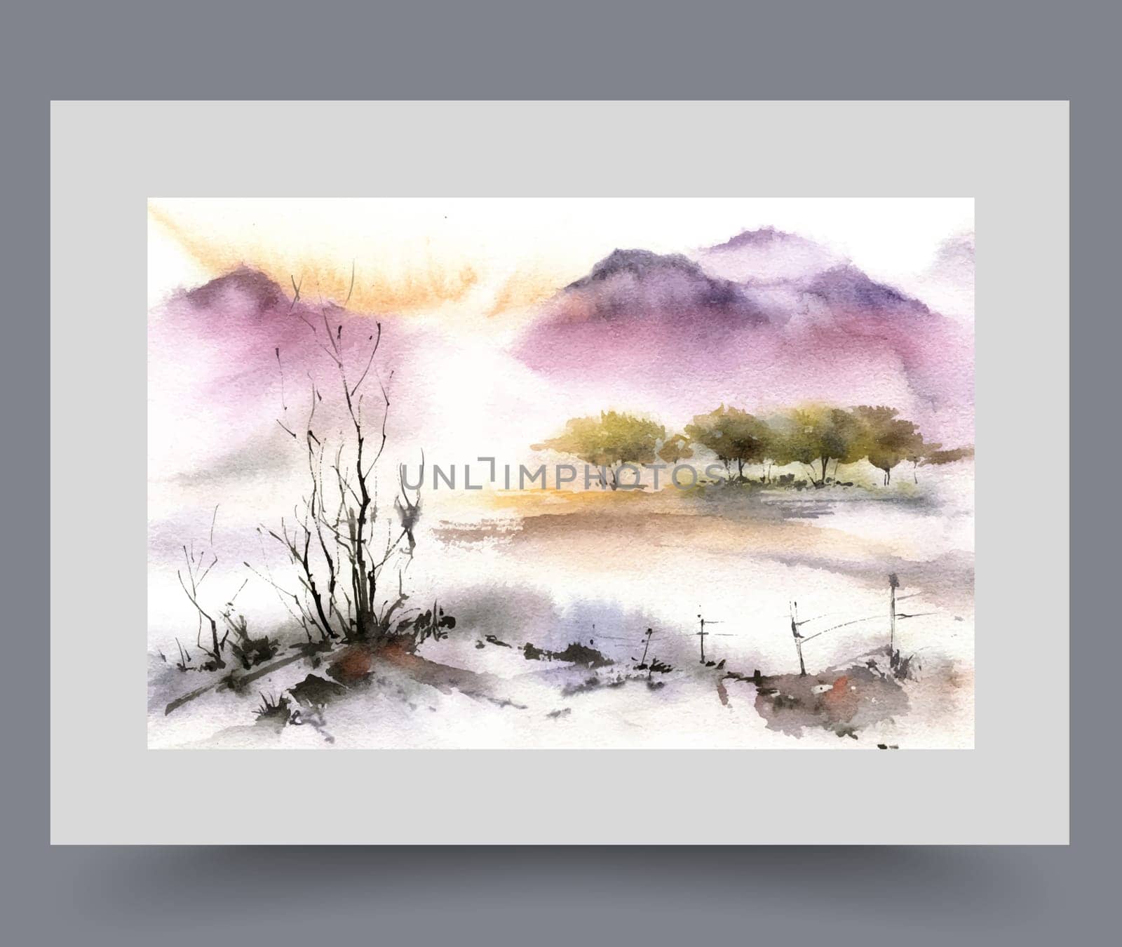 Picturesque landscape with dried tree with fallen leaves near river, and green forest. Morning sunrise on landscape with high mountains and plant that died due to environmental problems