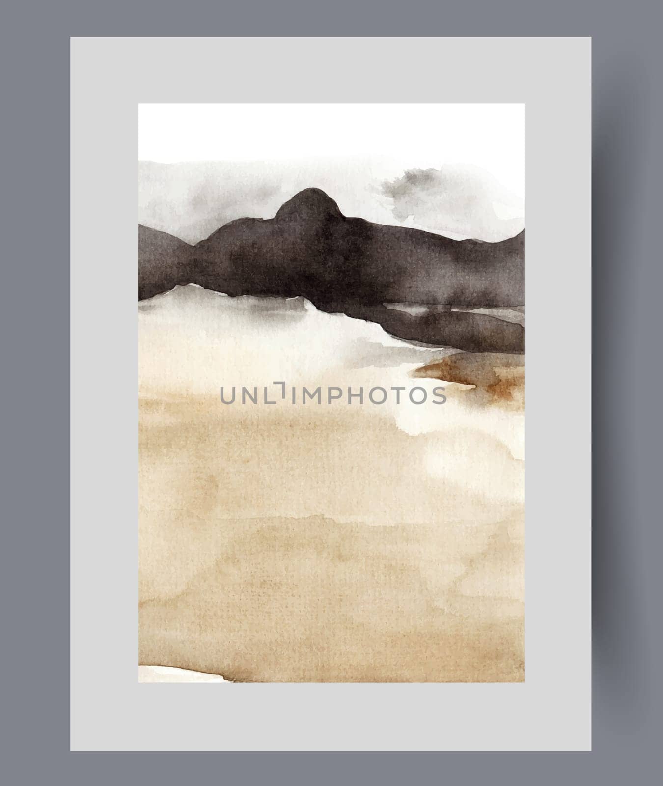 Abstract landscape with desert area with land covered with sand dunes and black rocks on horizon. Watercolor artwork with landscape in hot sunny weather in region with arid climate