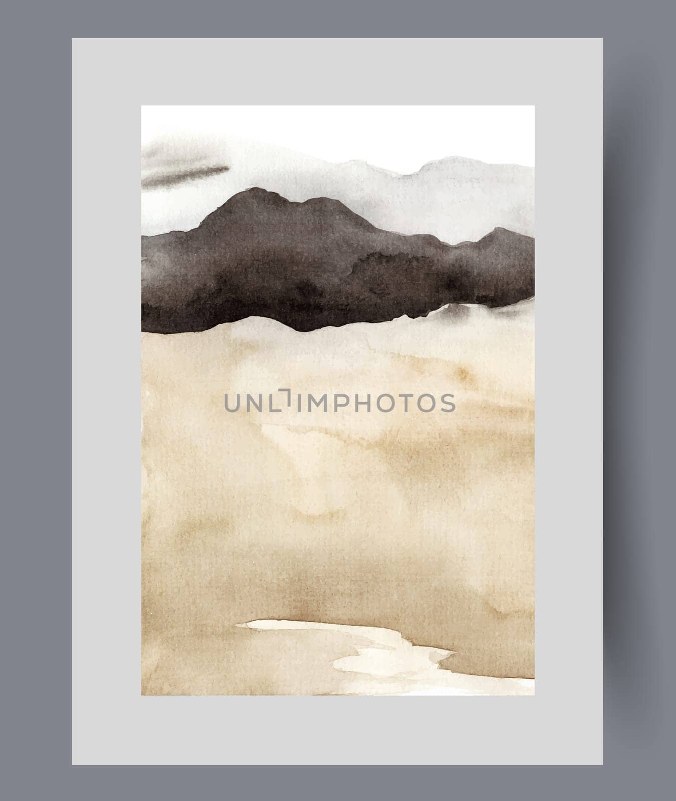 Landscape with desert sandy area and dark mountain on horizon, on watercolor poster. Abstract landscape with desert for design of travel literature about African region and southern countries