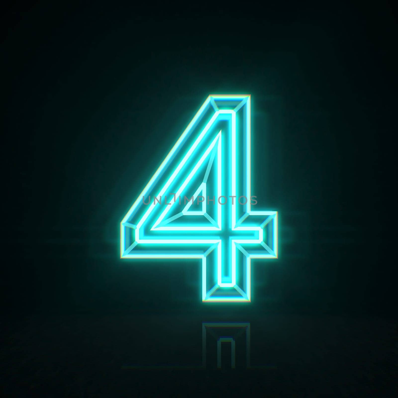 Cyan blue neon wire Number 4 FOUR 3D rendering illustration isolated on black background
