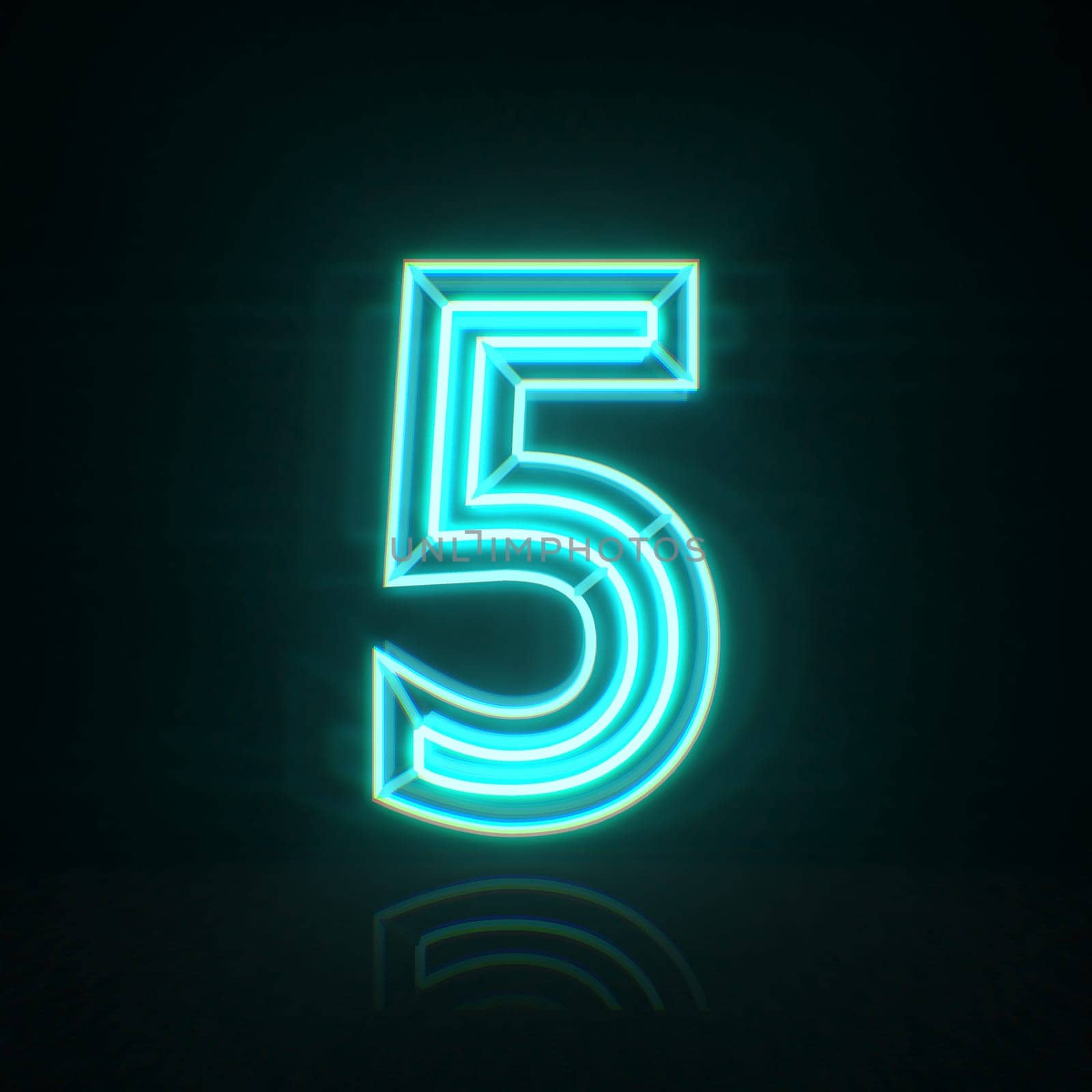 Cyan blue neon wire Number 5 FIVE 3D rendering illustration isolated on black background