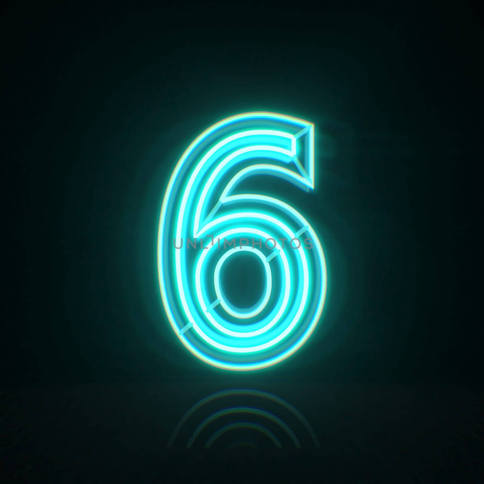 Cyan blue neon wire Number 6 SIX 3D rendering illustration isolated on black background