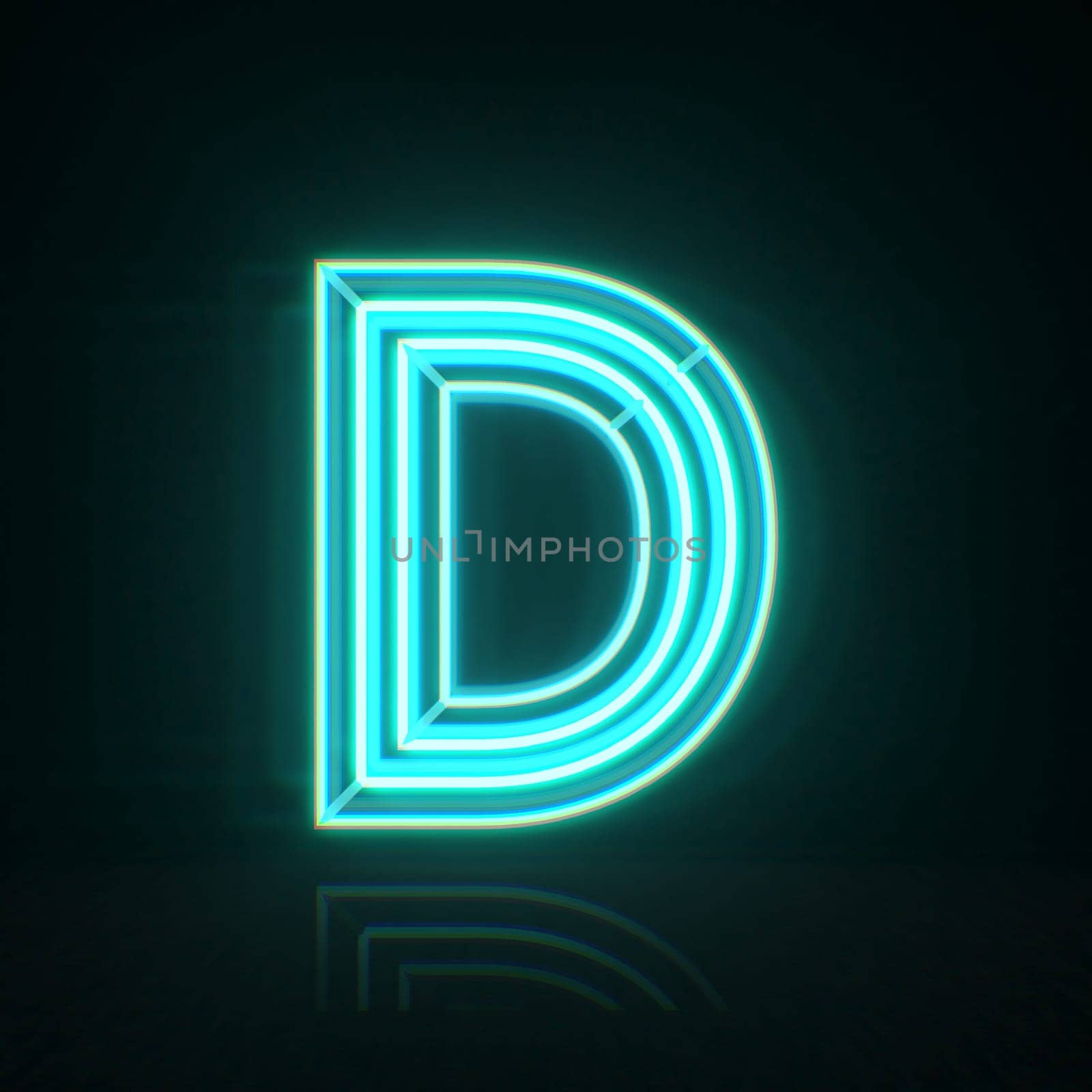 Cyan blue neon wire font Letter D 3D rendering illustration isolated on black background