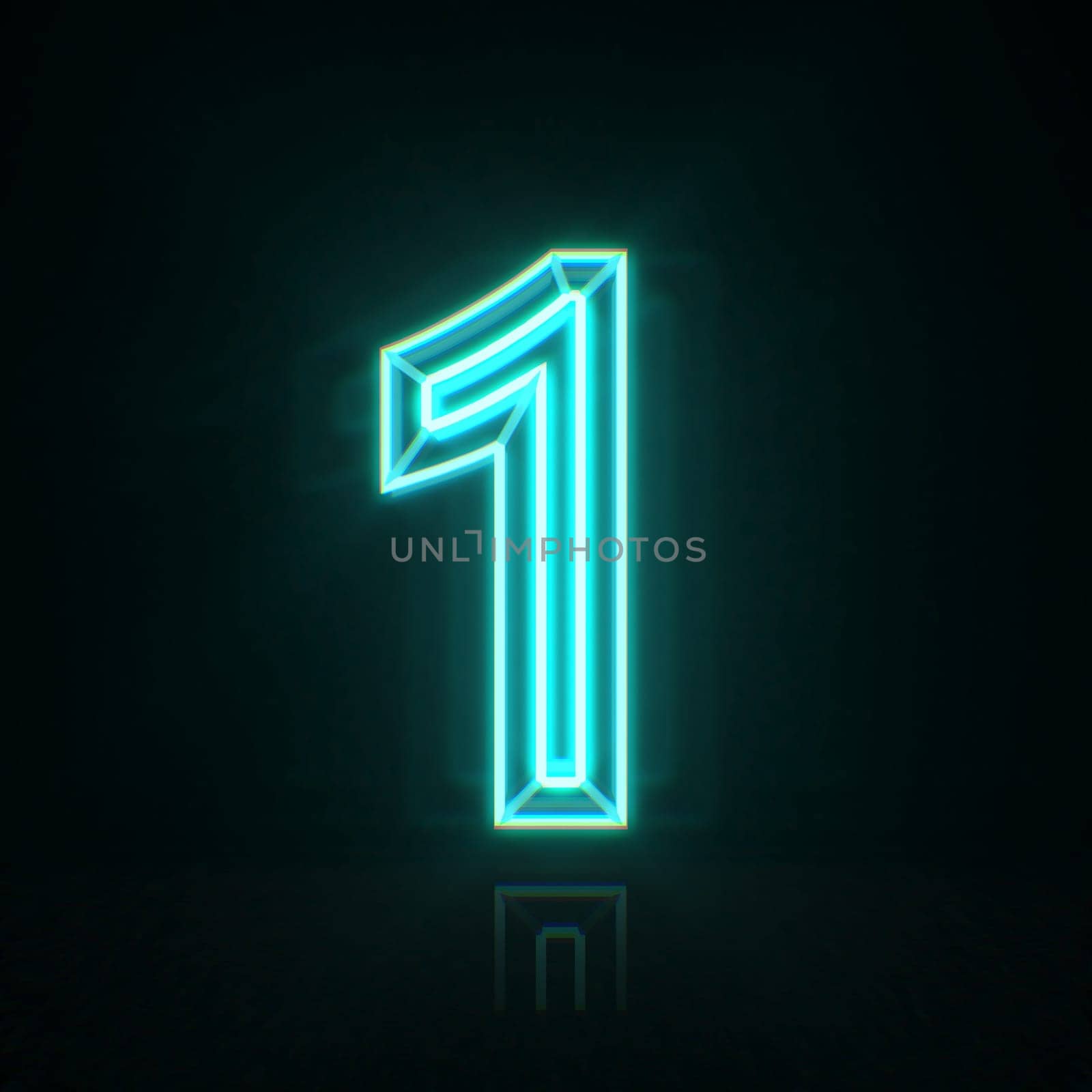 Cyan blue neon wire Number 1 ONE 3D rendering illustration isolated on black background