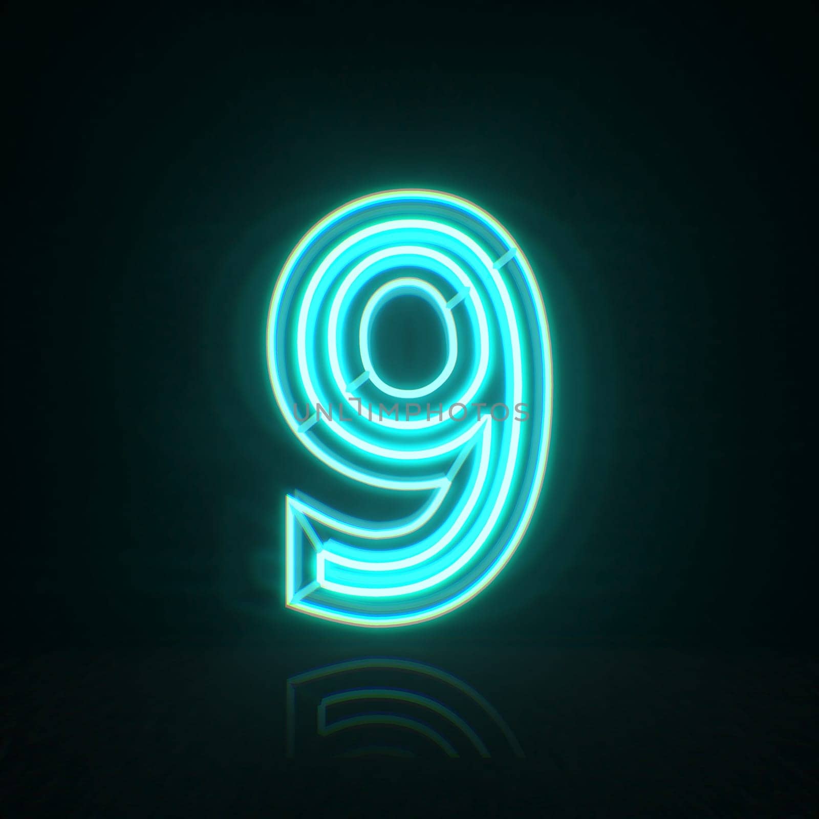 Cyan blue neon wire Number 9 NINE 3D rendering illustration isolated on black background