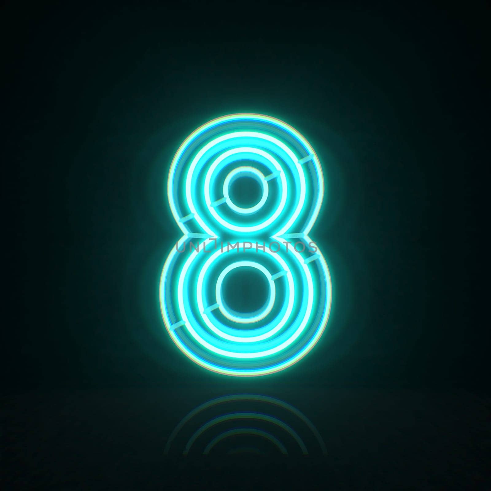 Cyan blue neon wire Number 8 EIGHT 3D rendering illustration isolated on black background