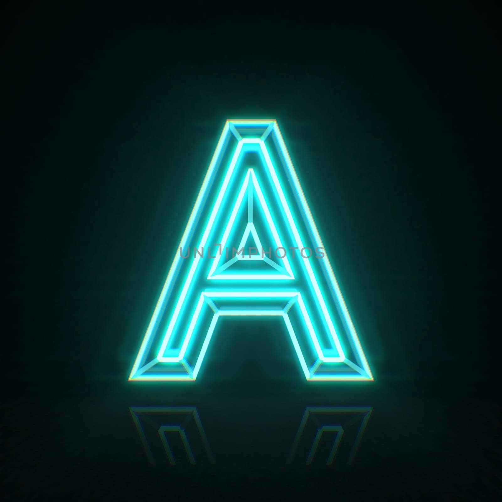 Cyan blue neon wire font Letter A 3D rendering illustration isolated on black background