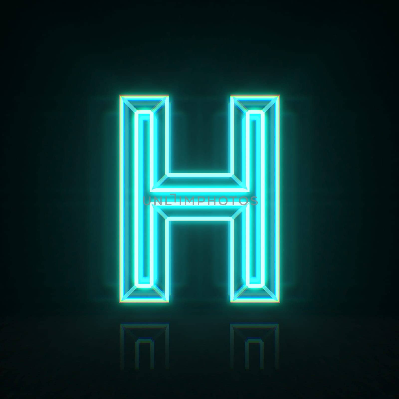 Cyan blue neon wire font Letter H 3D rendering illustration isolated on black background