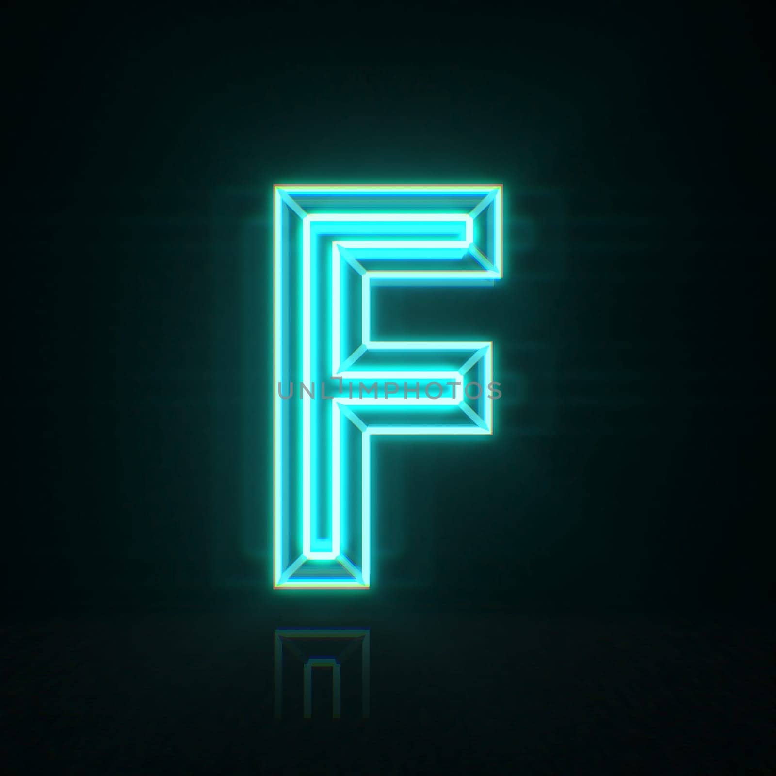Cyan blue neon wire font Letter F 3D rendering illustration isolated on black background