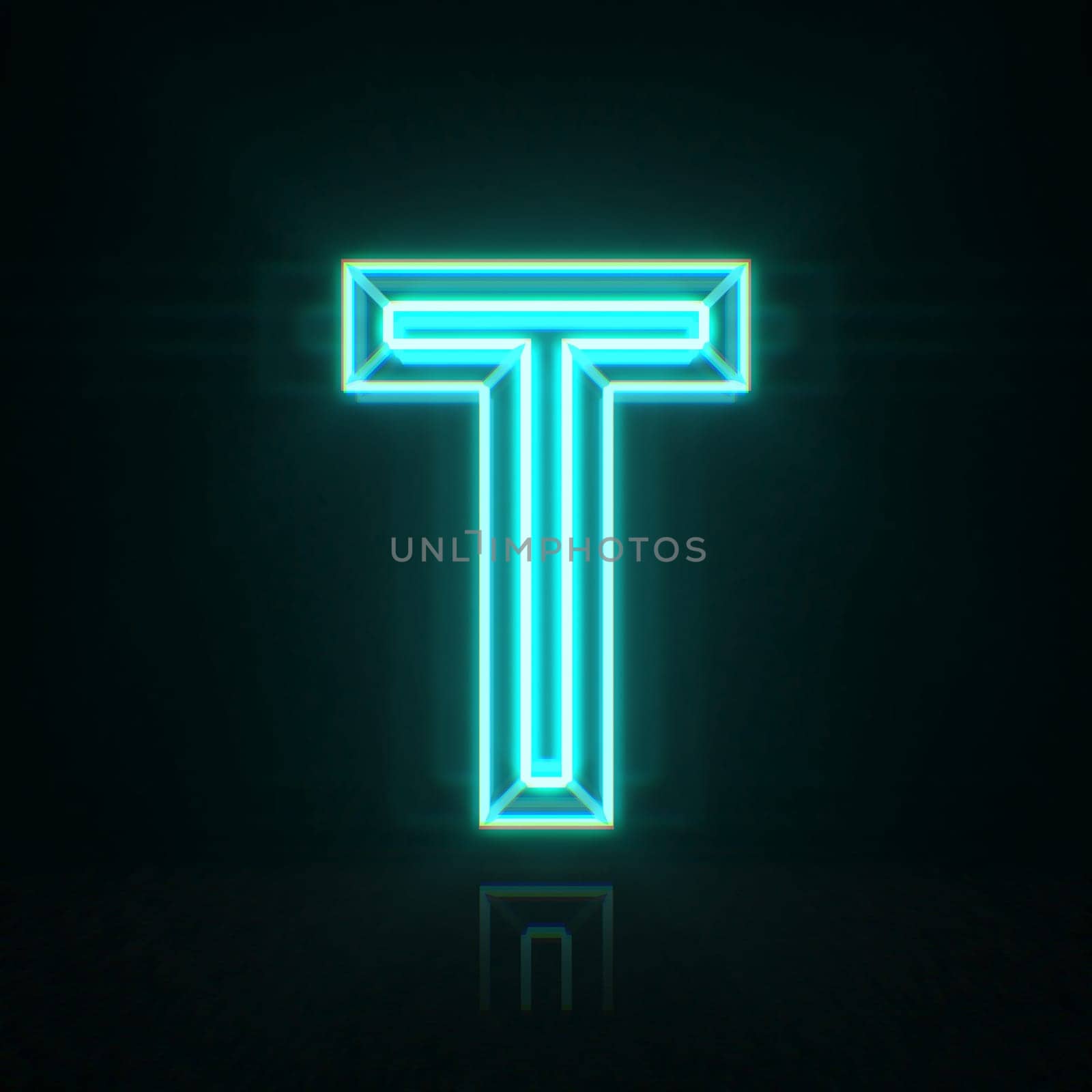 Cyan blue neon wire font Letter T 3D rendering illustration isolated on black background