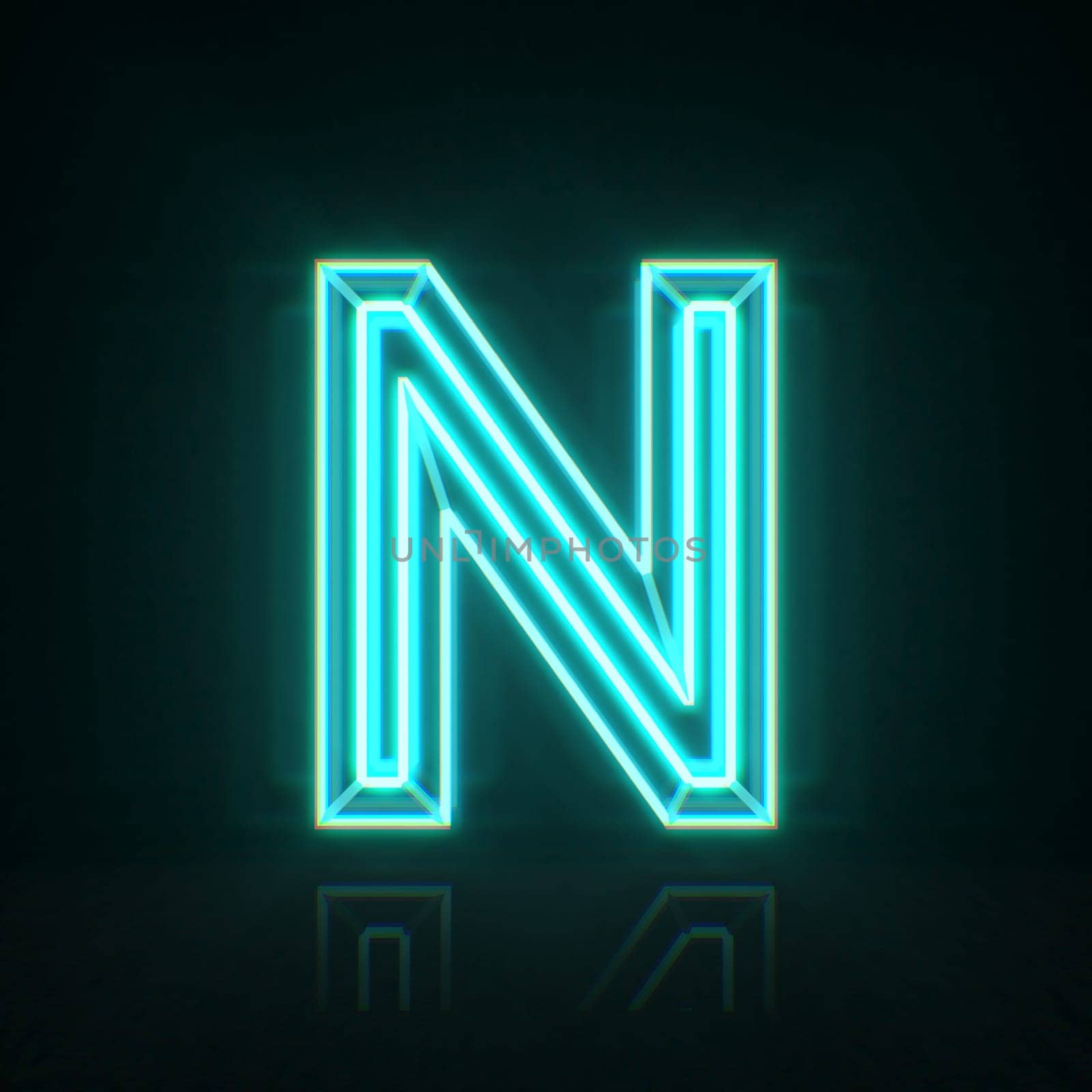Cyan blue neon wire font Letter N 3D rendering illustration isolated on black background