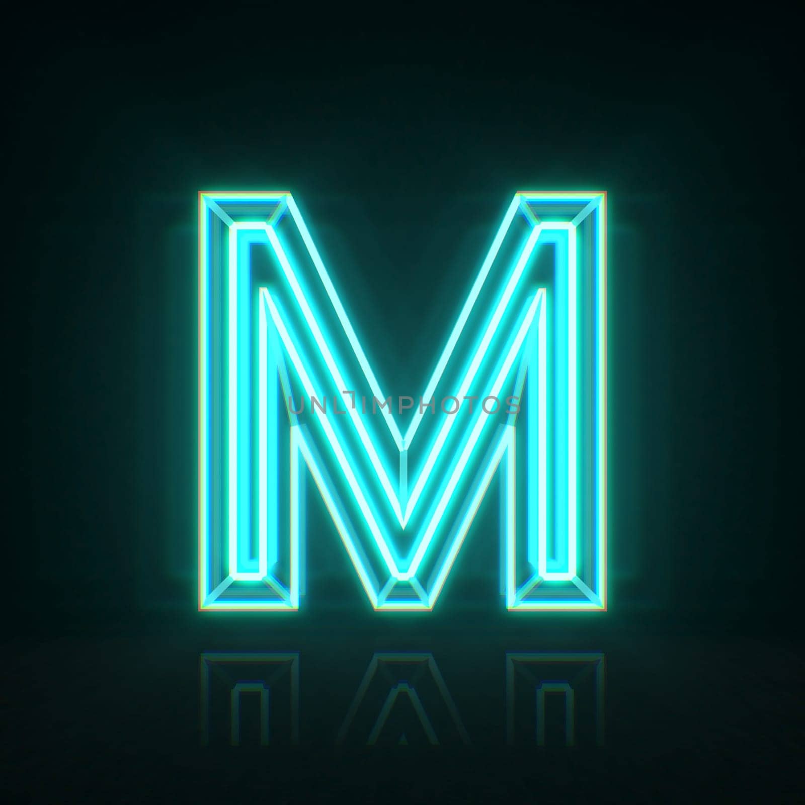 Cyan blue neon wire font Letter M 3D rendering illustration isolated on black background