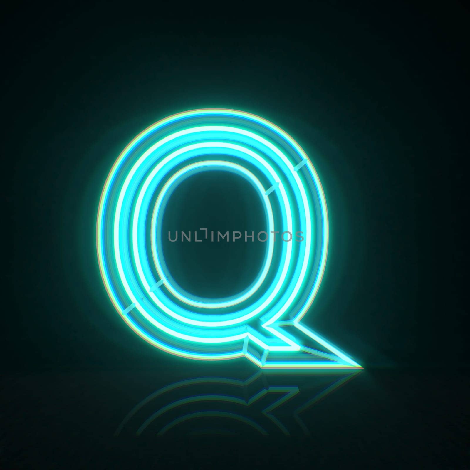 Cyan blue neon wire font Letter Q 3D rendering illustration isolated on black background
