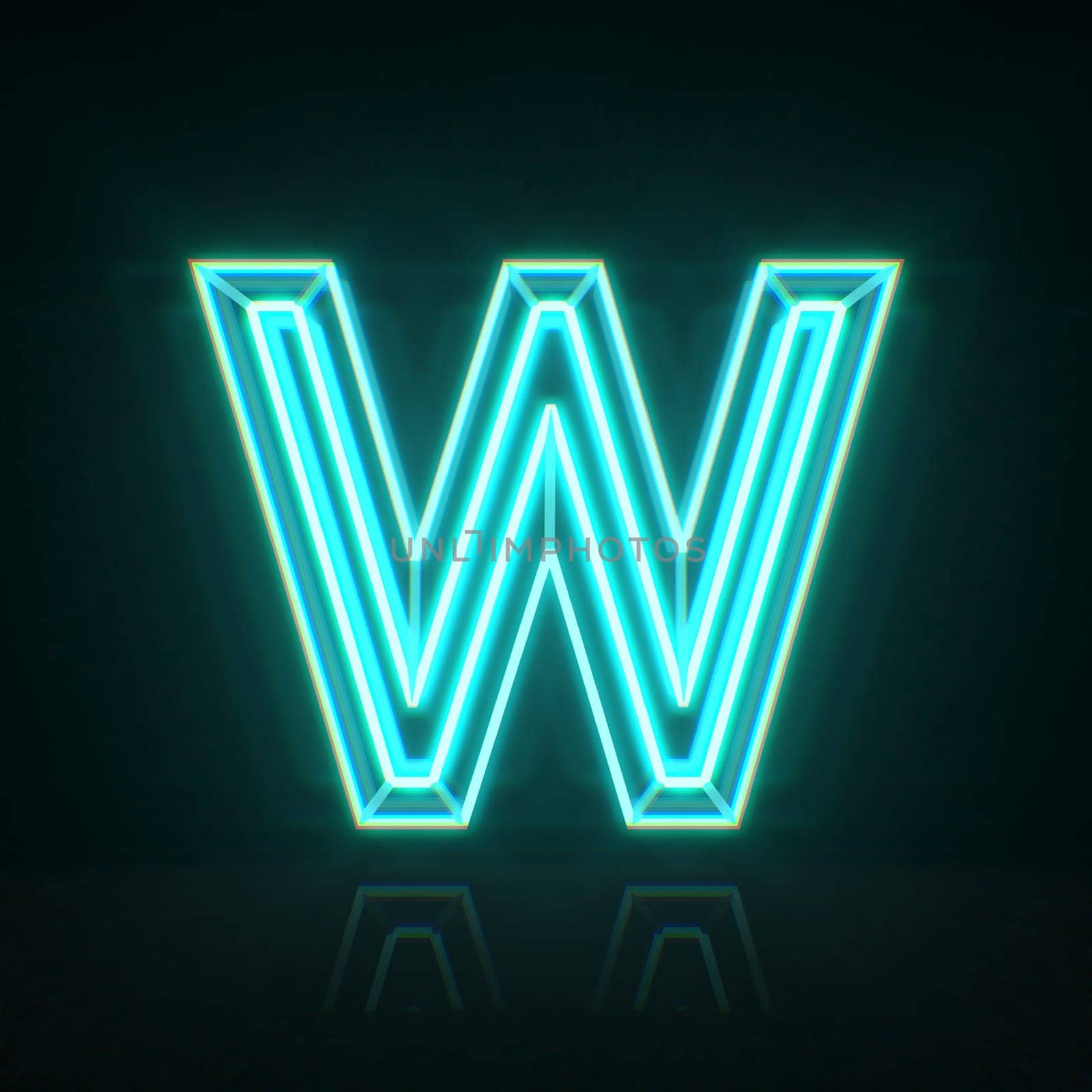 Cyan blue neon wire font Letter W 3D rendering illustration isolated on black background