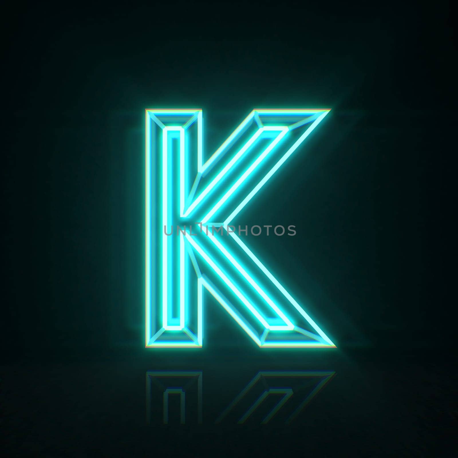 Cyan blue neon wire font Letter K 3D rendering illustration isolated on black background