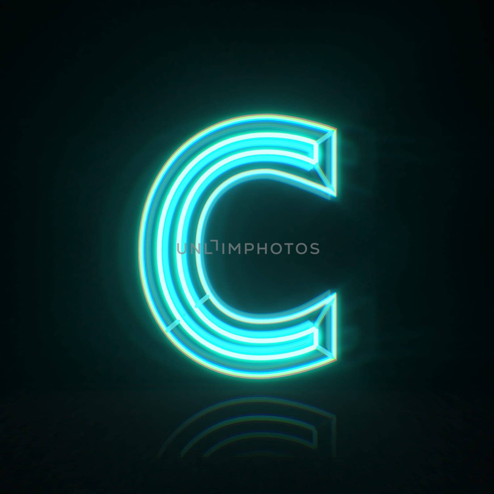 Cyan blue neon wire font Letter C 3D rendering illustration isolated on black background