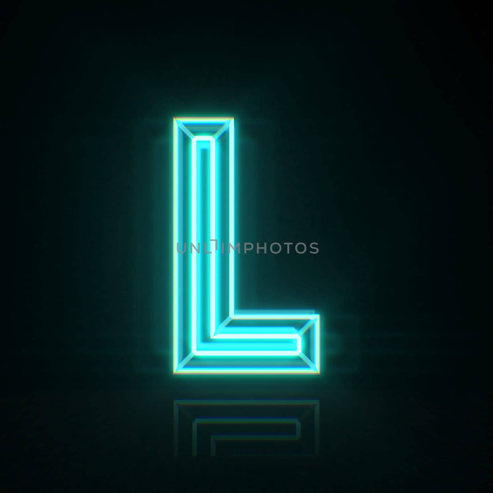 Cyan blue neon wire font Letter L 3D rendering illustration isolated on black background
