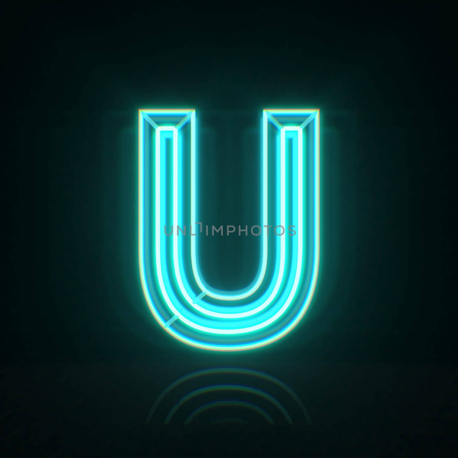 Cyan blue neon wire font Letter U 3D rendering illustration isolated on black background
