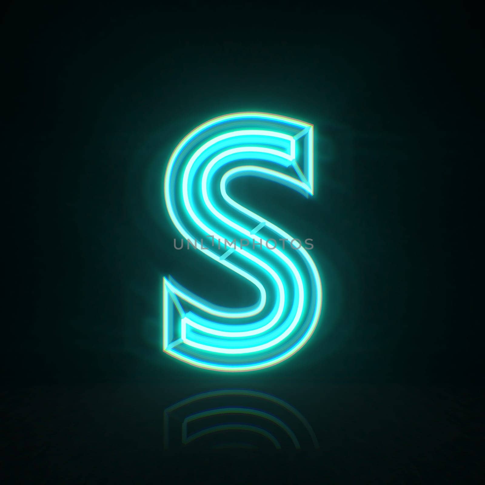 Cyan blue neon wire font Letter S 3D rendering illustration isolated on black background