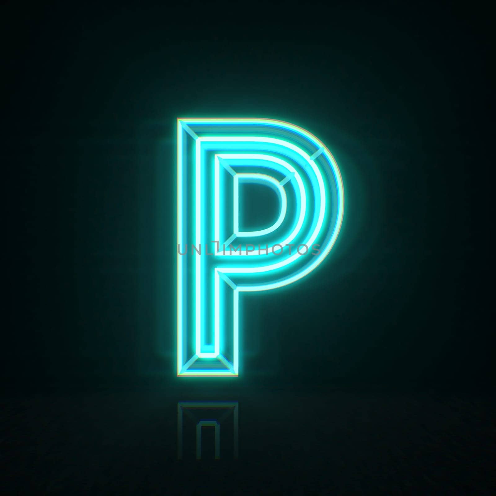 Cyan blue neon wire font Letter P 3D rendering illustration isolated on black background